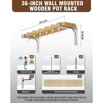 Estante de pared para ollas de metal y madera de 36 x 8 pulgadas con 6 ganchos giratorios