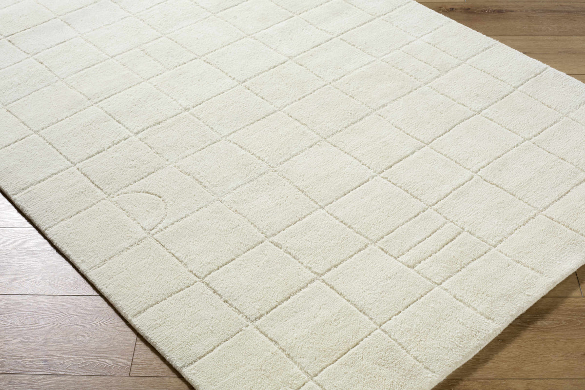 Tuuka Silver Beige Area Rug by Boutique Rugs, cream quilted square grid, rug for clearance on Tampa Home & Garden Store