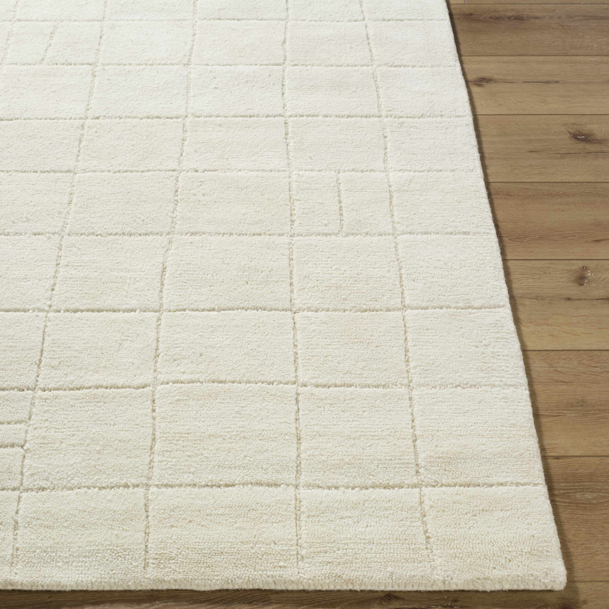 Tuuka Silver Beige Area Rug grid-pattern plush tufted pile on wood floor on Tampa Home & Garden Store