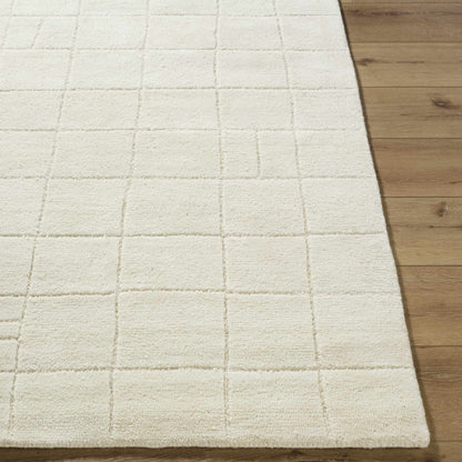 Tuuka Silver Beige Area Rug grid-pattern plush tufted pile on wood floor on Tampa Home & Garden Store