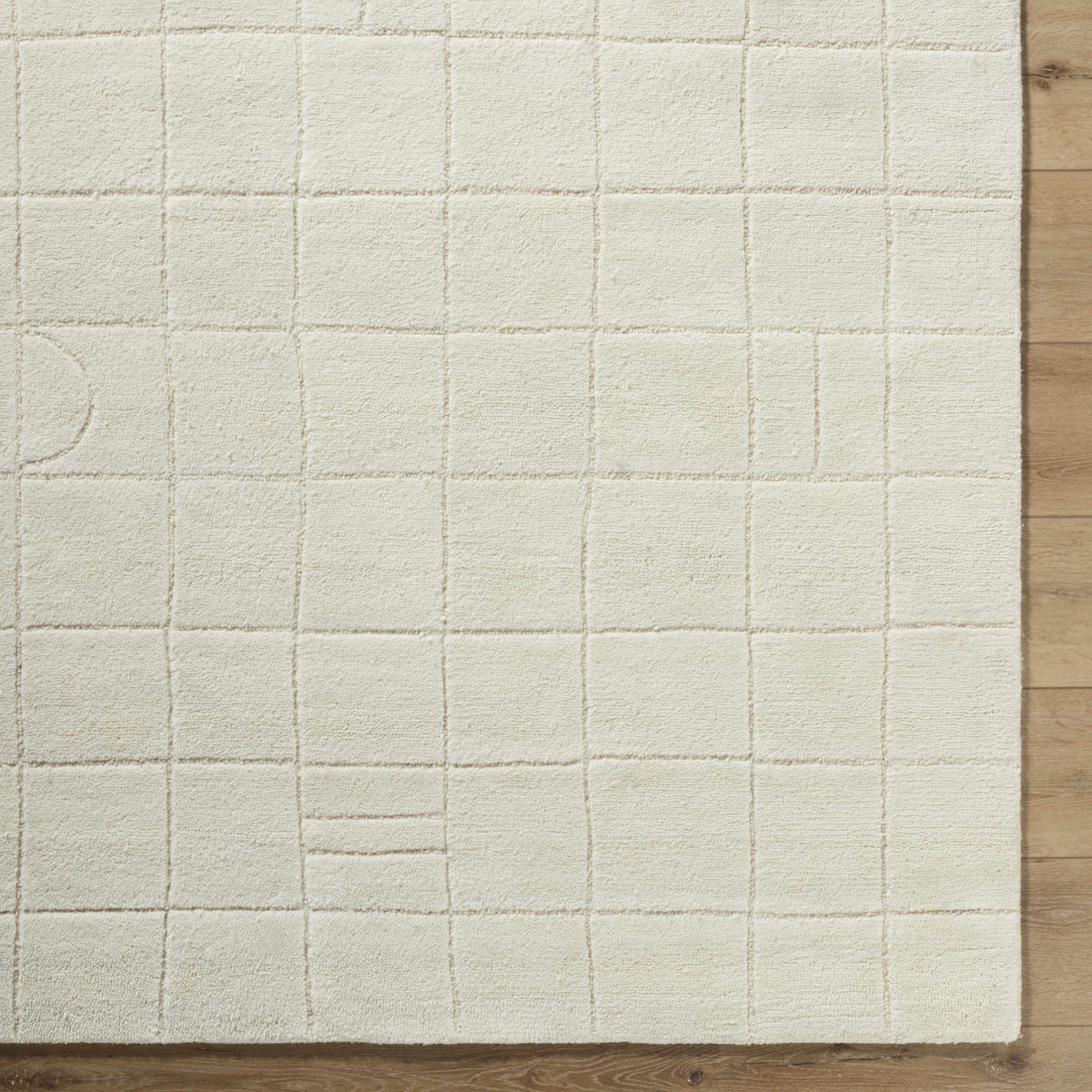 Tuuka Silver Beige Area Rug by Boutique Rugs, clearance grid tufted rug on wood floor on Tampa Home & Garden Store