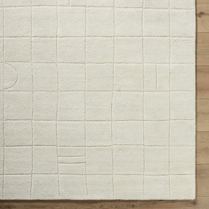 Tuuka Silver Beige Area Rug by Boutique Rugs, clearance grid tufted rug on wood floor on Tampa Home & Garden Store