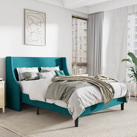 Full Size Turquoise Linen Blend Upholstered Platform Bed with Wingback Headboard - Tampa Home & Garden Store