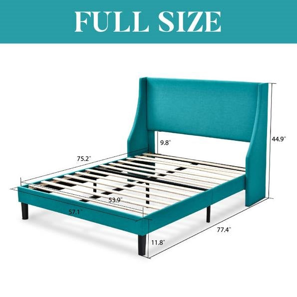 Cama de plataforma tapizada en mezcla de lino color turquesa tamaño matrimonial con cabecero tipo ala