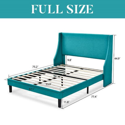 Cama de plataforma tapizada en mezcla de lino color turquesa tamaño matrimonial con cabecero tipo ala