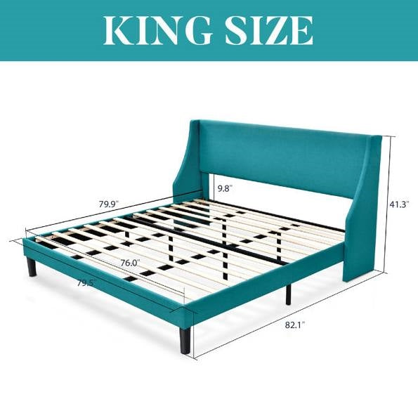 Cabecero tapizado de mezcla de lino King Size con orejeras, cama tipo plataforma en turquesa