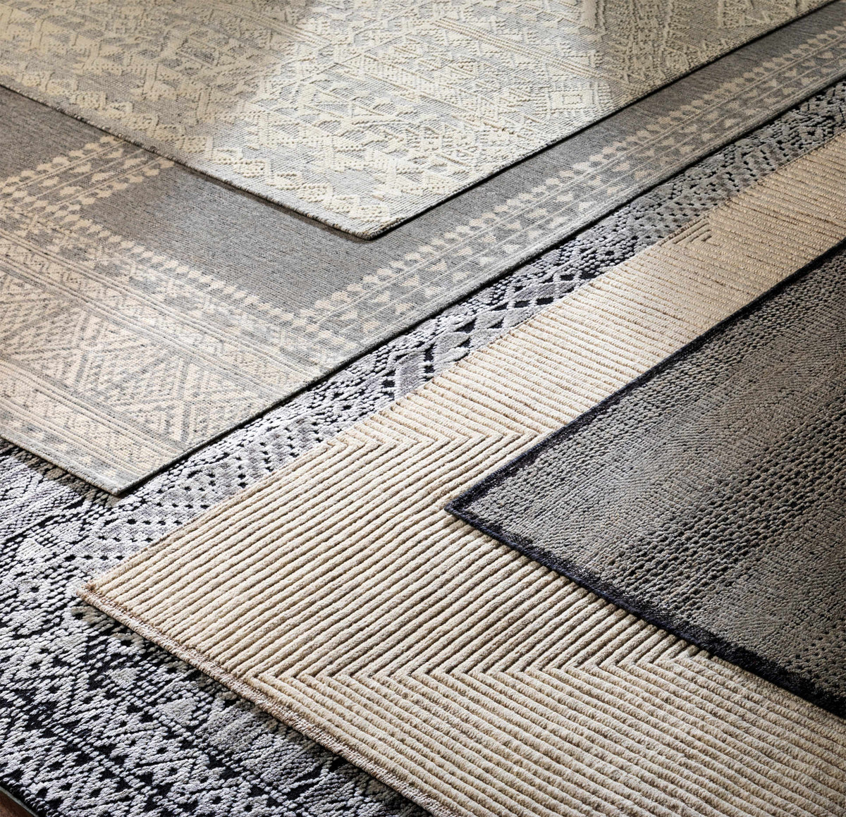Balaclava area rug set in neutral beige and gray geometric patterns by Boutique Rugs, clearance on Tampa Home & Garden Store