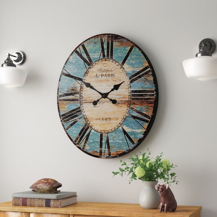 Reloj de pared de madera extragrande, turquesa, desgastado, estilo París