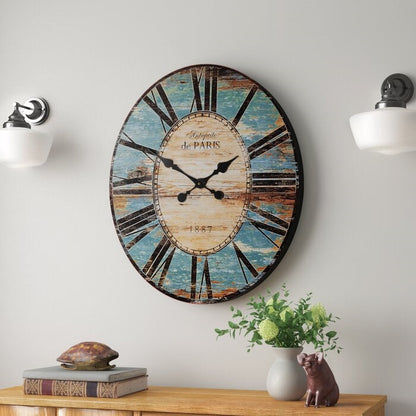 Reloj de pared de madera extragrande, turquesa, desgastado, estilo París