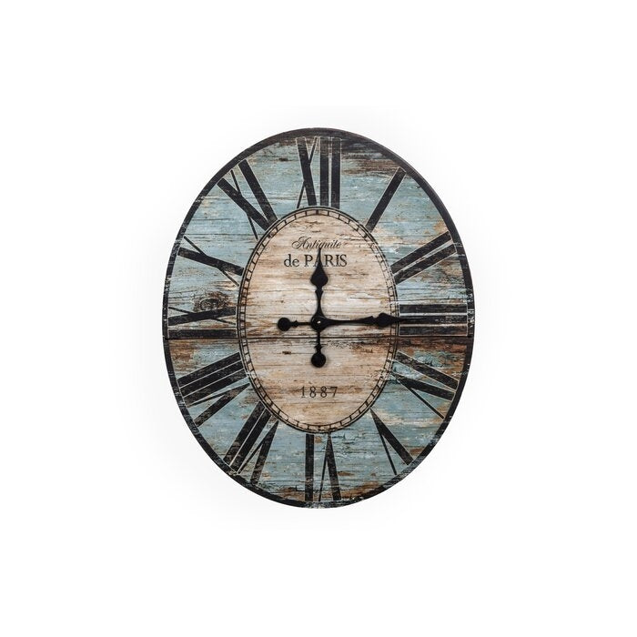 Reloj de pared de madera extragrande, turquesa, desgastado, estilo París