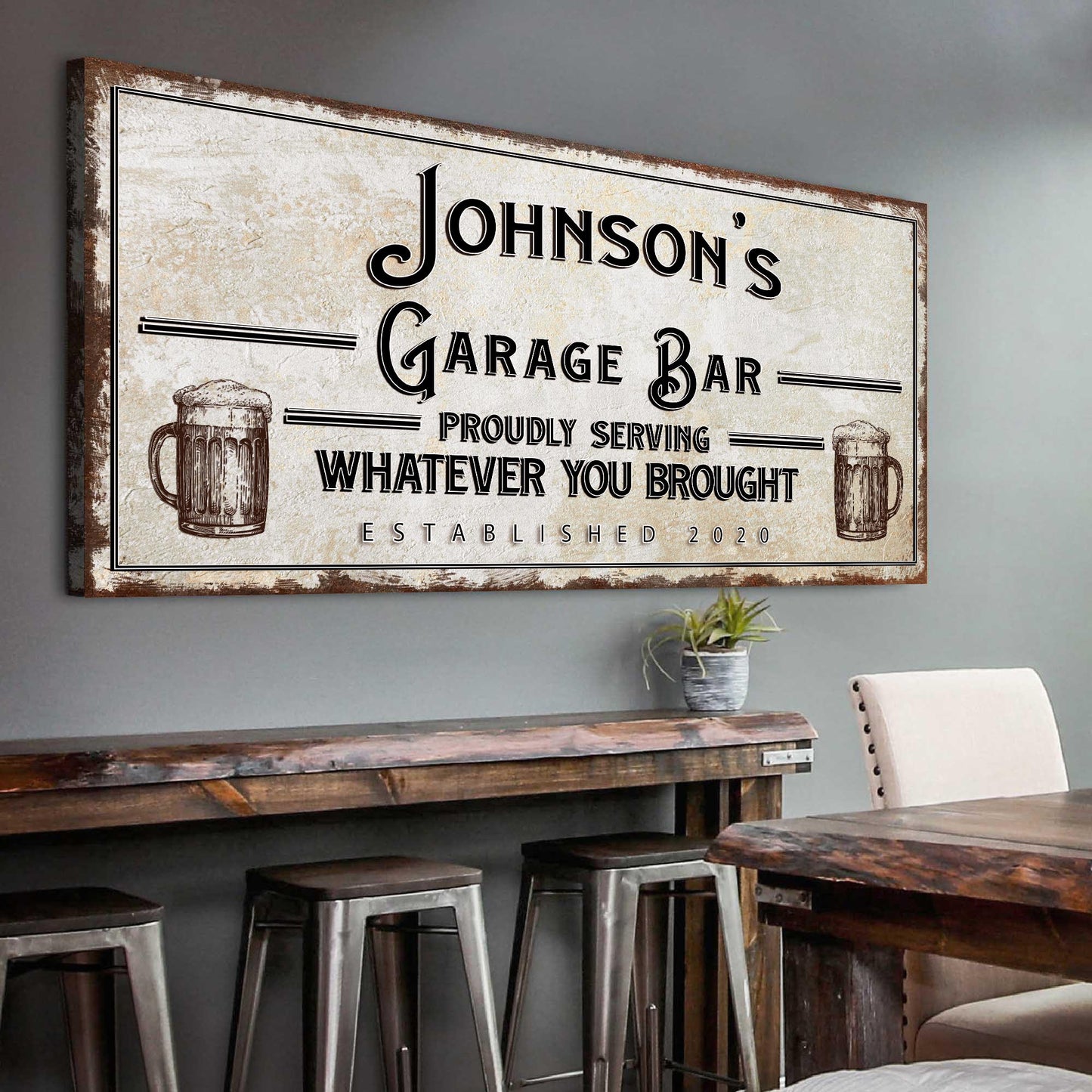 Personalized rustic garage sign canvas with Johnson's Garage Bar and beer mug illustrations on Tampa Home & Garden Store