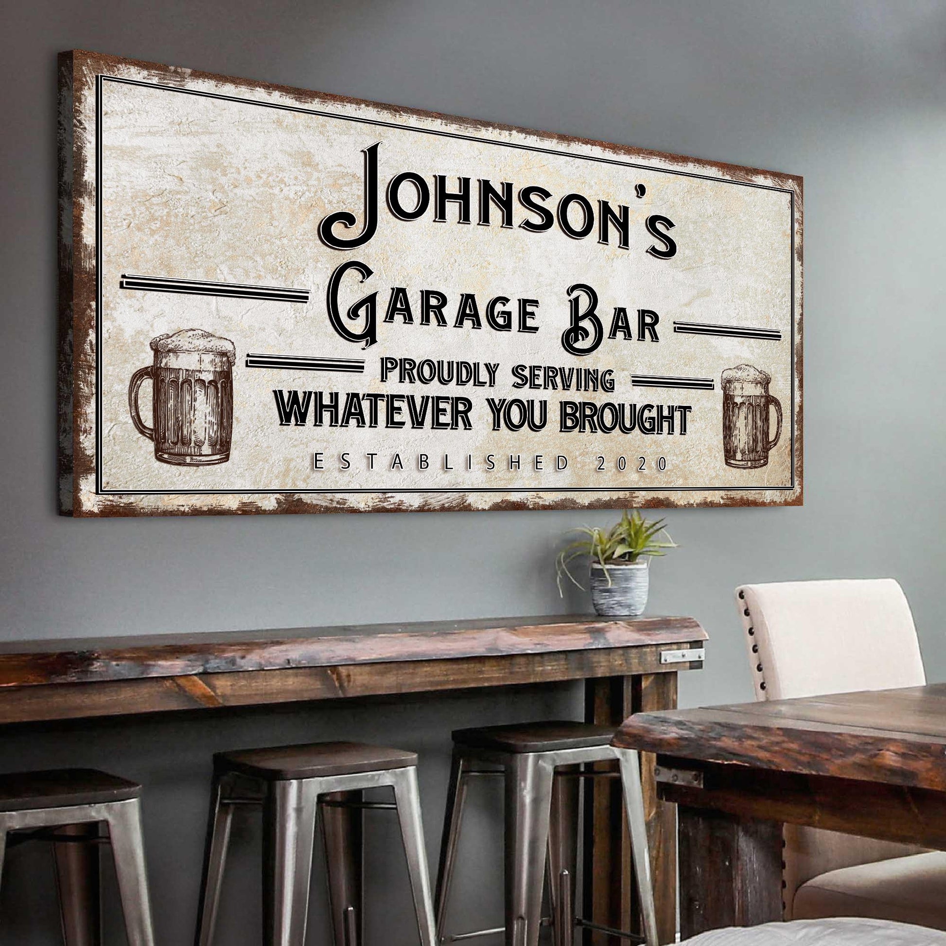 Personalized rustic garage sign canvas with Johnson's Garage Bar and beer mug illustrations on Tampa Home & Garden Store