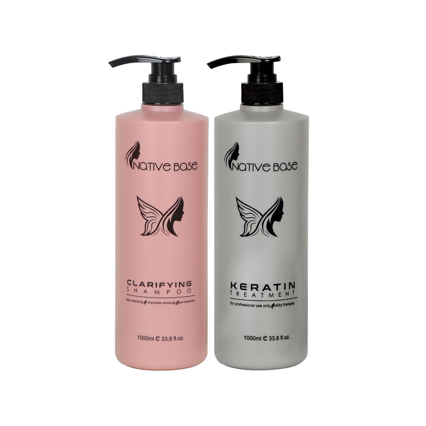 Native Base Clarifying Shampoo and Keratin Treatment duo in pink and grey 1000ml bottles on Tampa Home & Garden Store