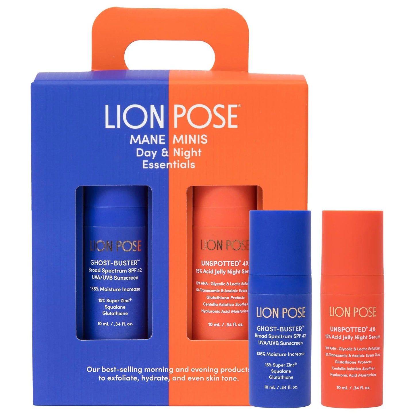 Lion Pose Day & Night set blue SPF sunscreen and orange night serum in blue/orange box on Tampa Home & Garden Store