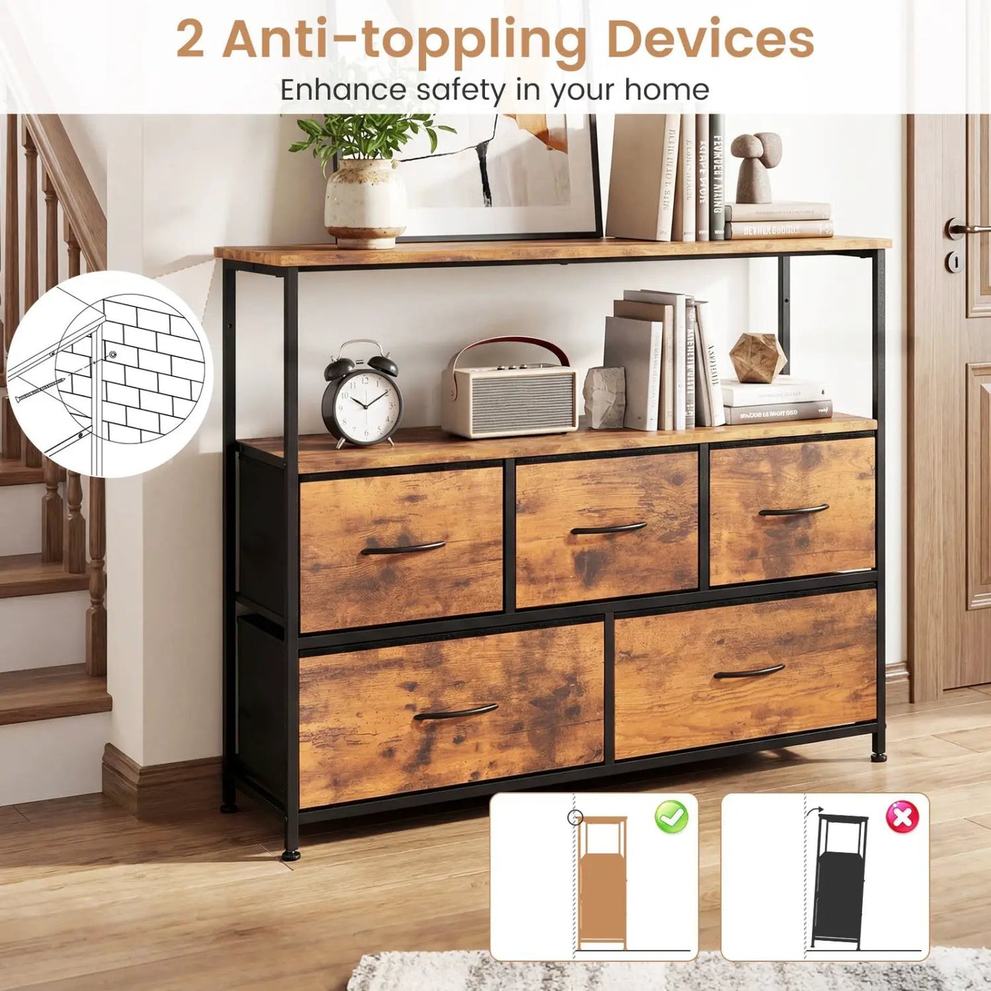 TV Stand Dresser with 5 Drawers for 45 Inch TV