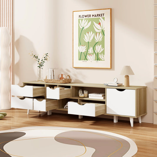 Oak TV stand for 65 inch TVs with 5 white drawers and open shelves by DirectDeals on Tampa Home & Garden Store