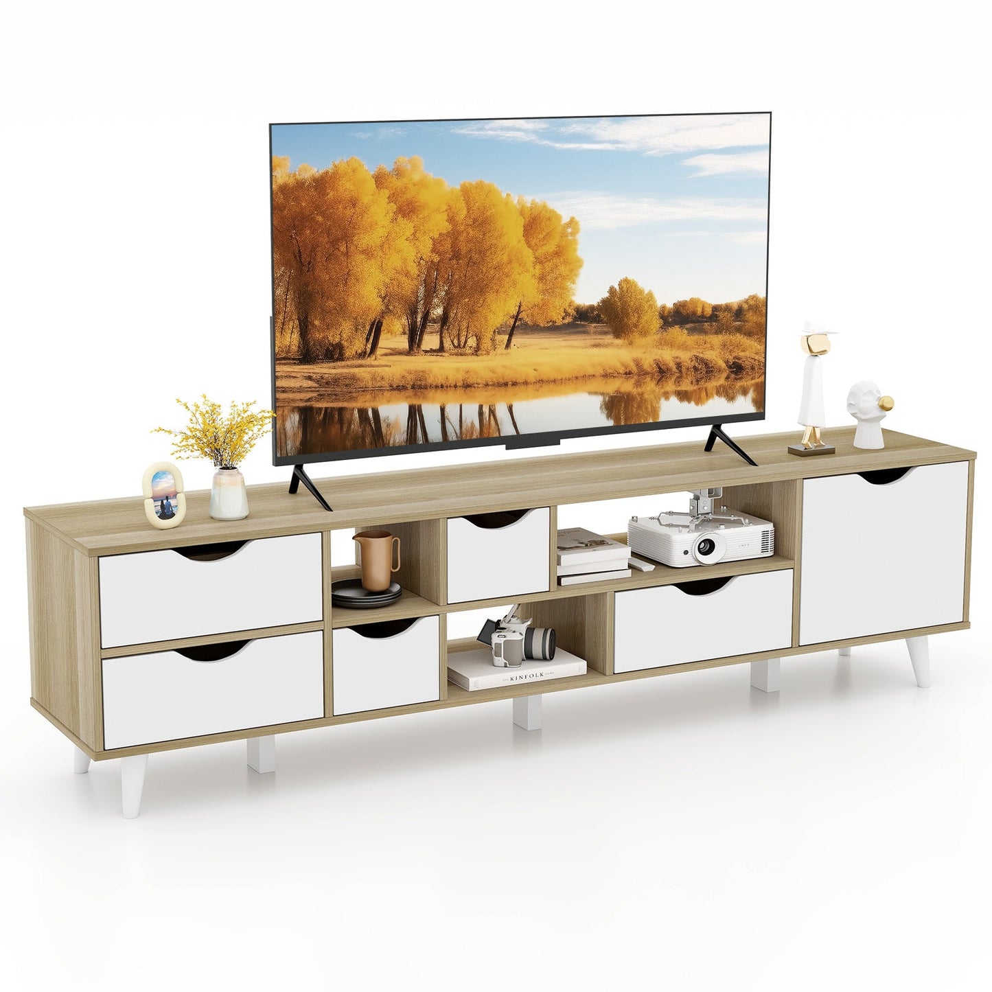 Mueble para TV de hasta 65" con 5 cajones y 3 estantes abiertos - Roble