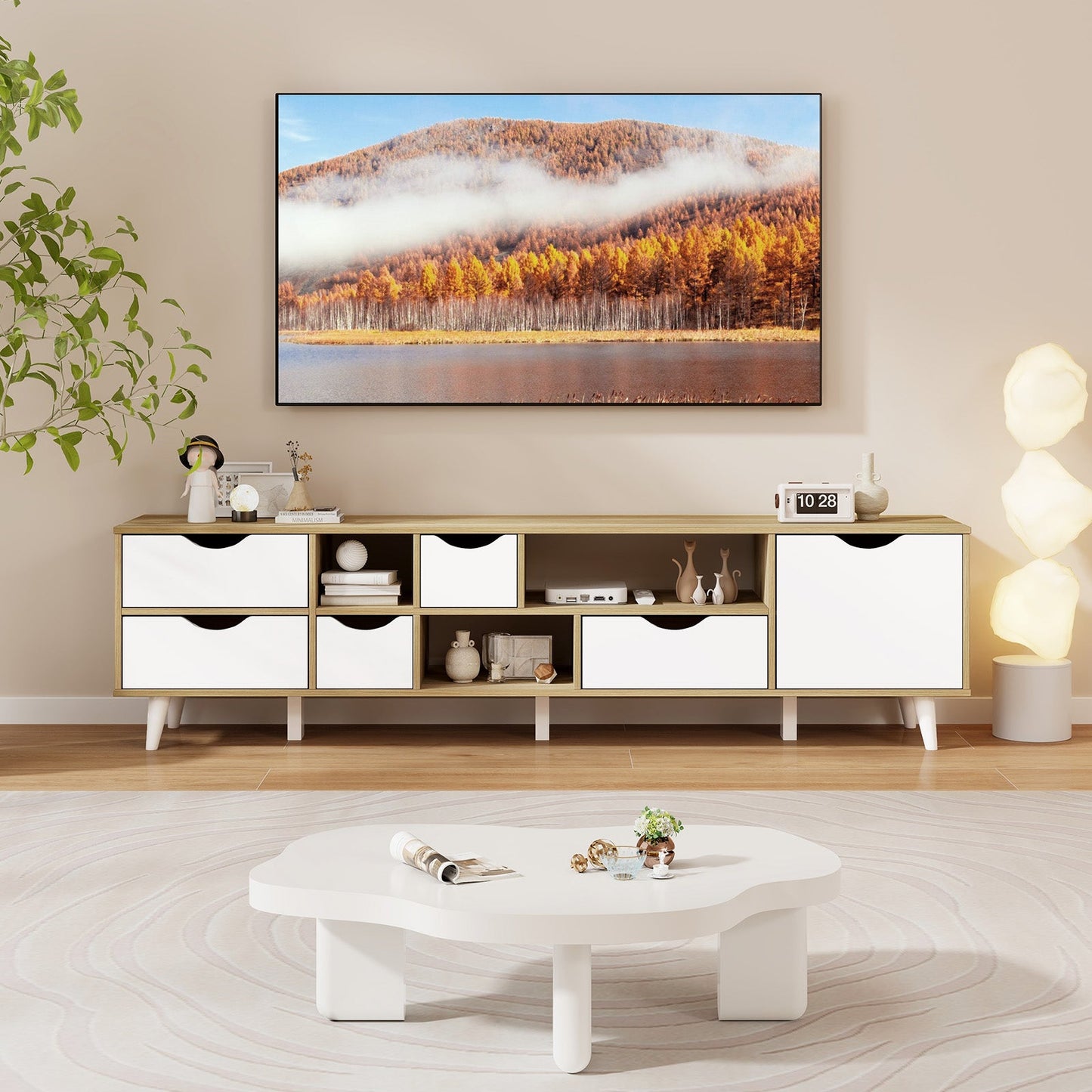 Mueble para TV de hasta 65" con 5 cajones y 3 estantes abiertos - Roble