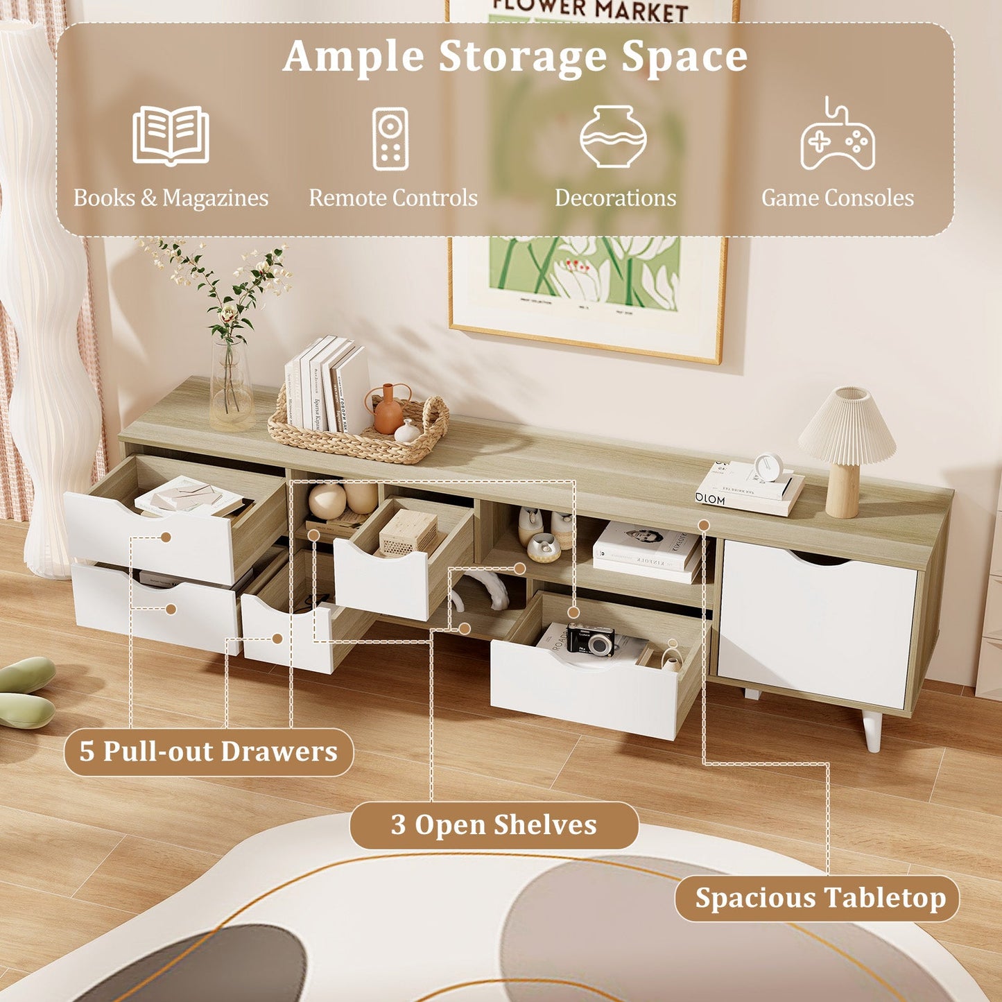 Mueble para TV de hasta 65" con 5 cajones y 3 estantes abiertos - Roble
