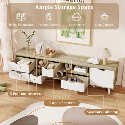 Mueble para TV de hasta 65" con 5 cajones y 3 estantes abiertos - Roble