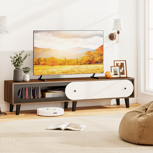 TV Stand for 80 Inch TVs Mid Century Modern Entertainment Center with Sliding Door Cabinet-Walnut - Tampa Home & Garden Store