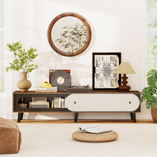 TV Stand for 80 Inch TVs Mid Century Modern Entertainment Center with Sliding Door Cabinet-Walnut - Tampa Home & Garden Store
