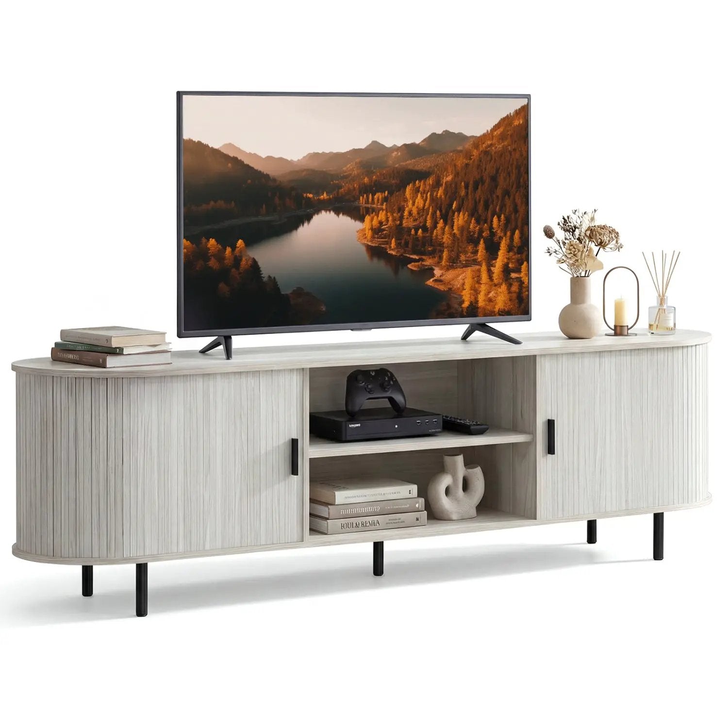 TV stand for 80in TVs in light wood with fluted sliding doors on Tampa Home & Garden Store