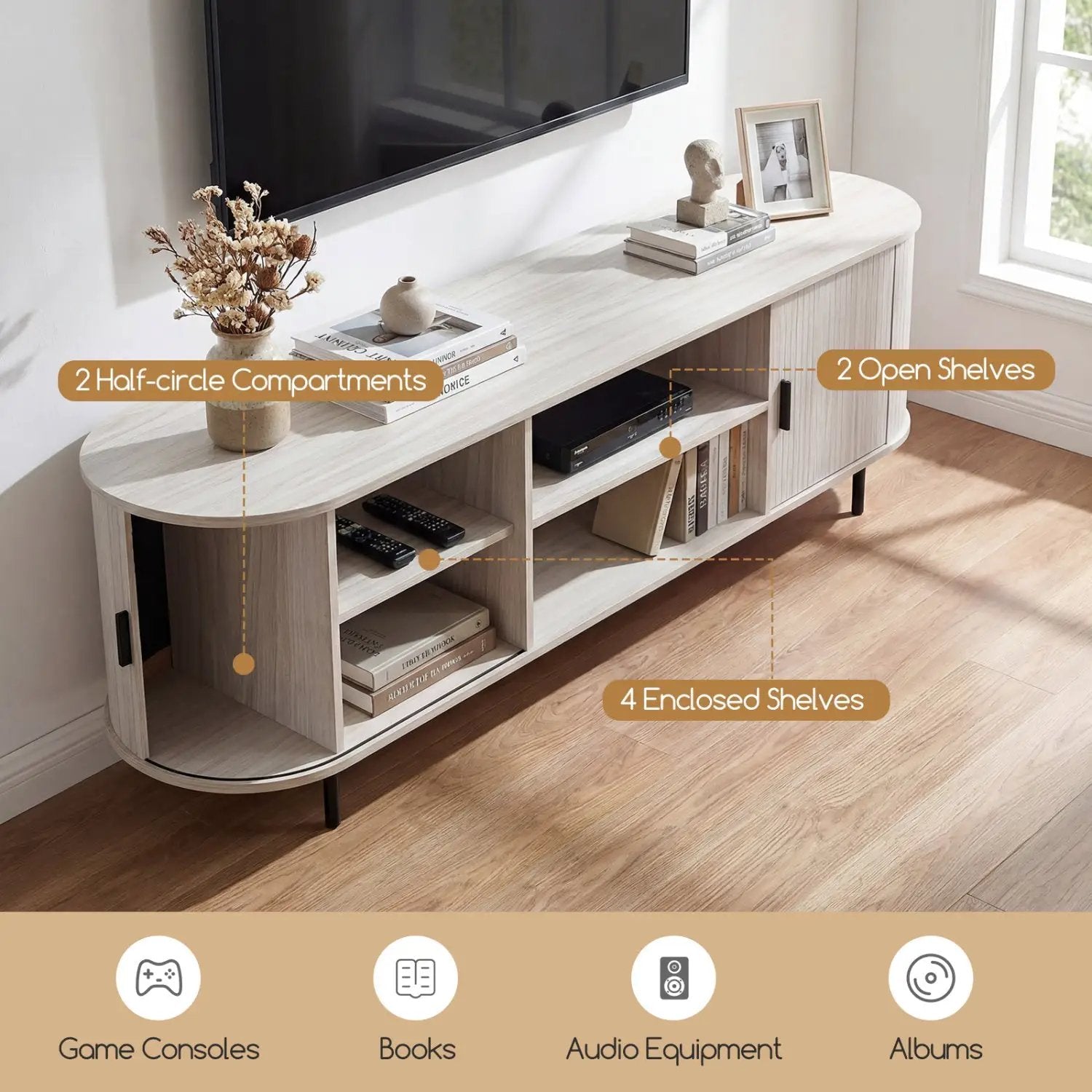 TV Stand for 80 Inch TVs in light wood mid-century with fluted sliding doors and 2 open shelves on Tampa Home & Garden Store
