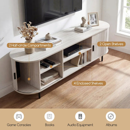 TV Stand for 80 Inch TVs in light wood mid-century with fluted sliding doors and 2 open shelves on Tampa Home & Garden Store