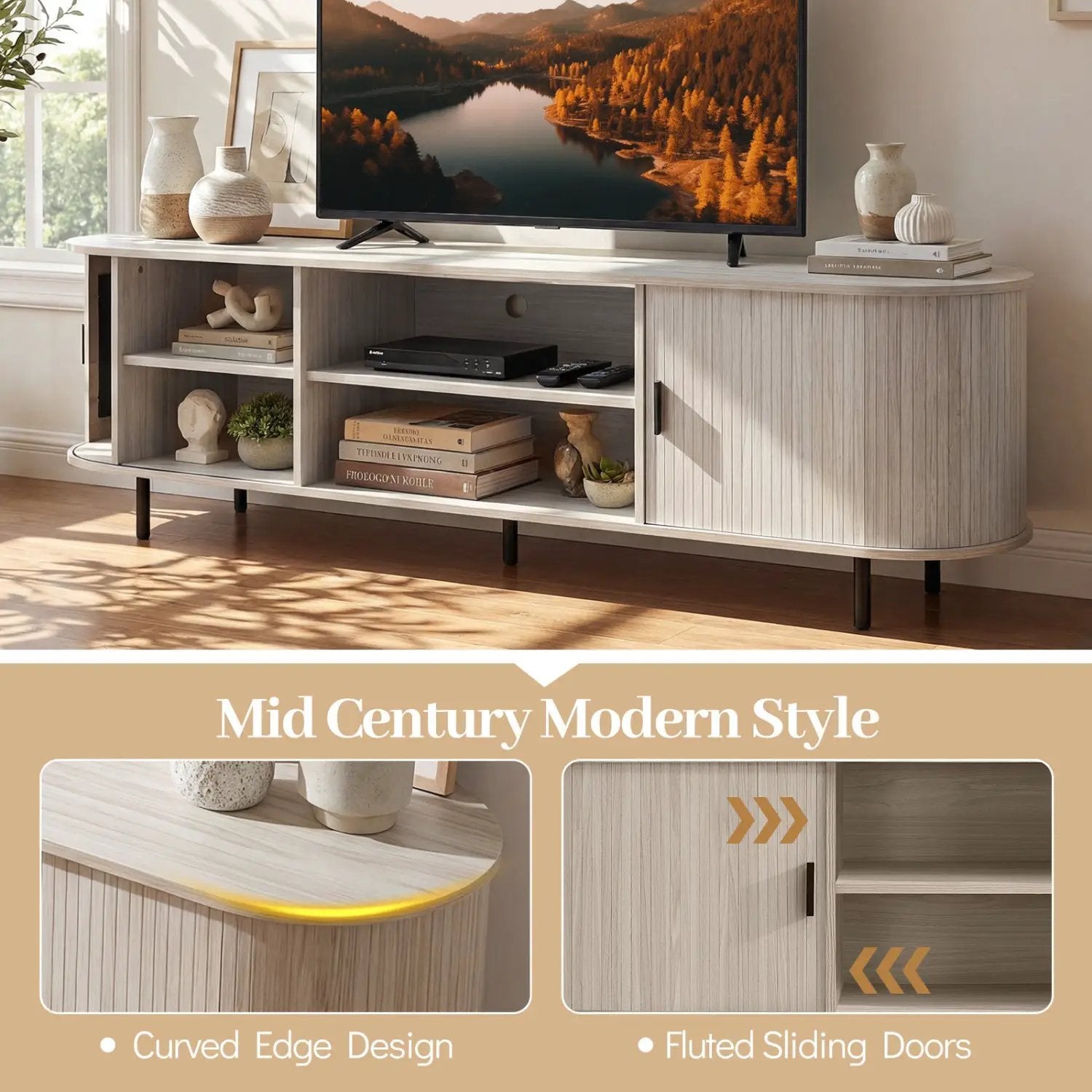 TV Stand for 80-Inch TVs in light wood with fluted doors, curved edge design, DirectDeals on Tampa Home & Garden Store