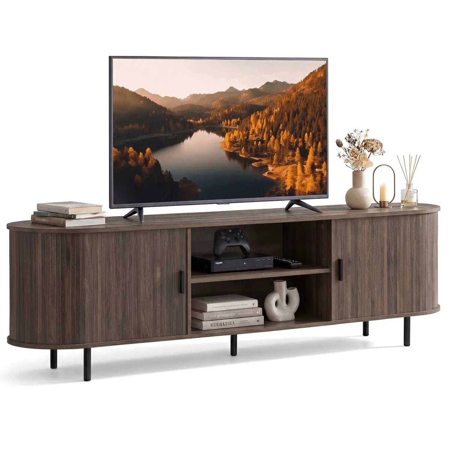 DirectDeals TV Stand for 80 Inch TVs with fluted sliding doors, dark wood on Tampa Home & Garden Store