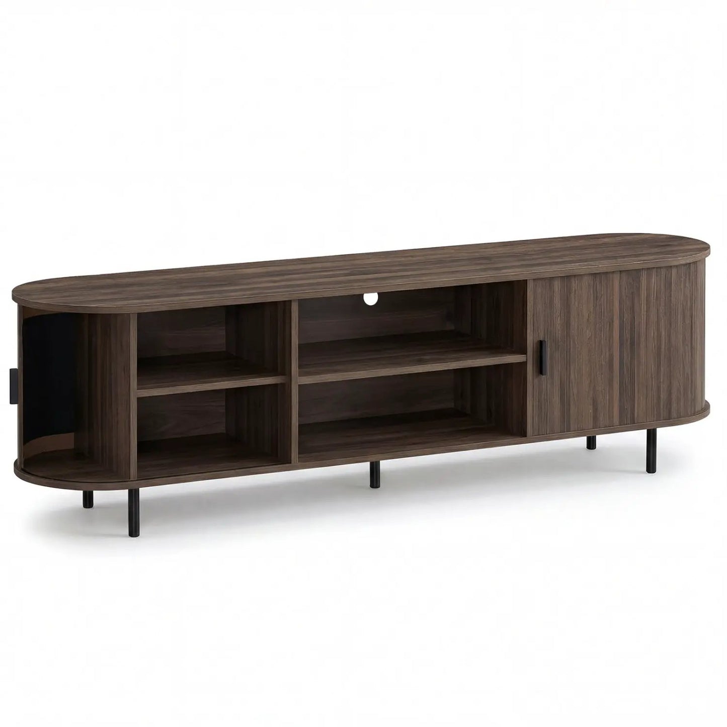 DirectDeals TV stand for 80 inch TVs in dark walnut mid-century modern with curved ends on Tampa Home & Garden Store