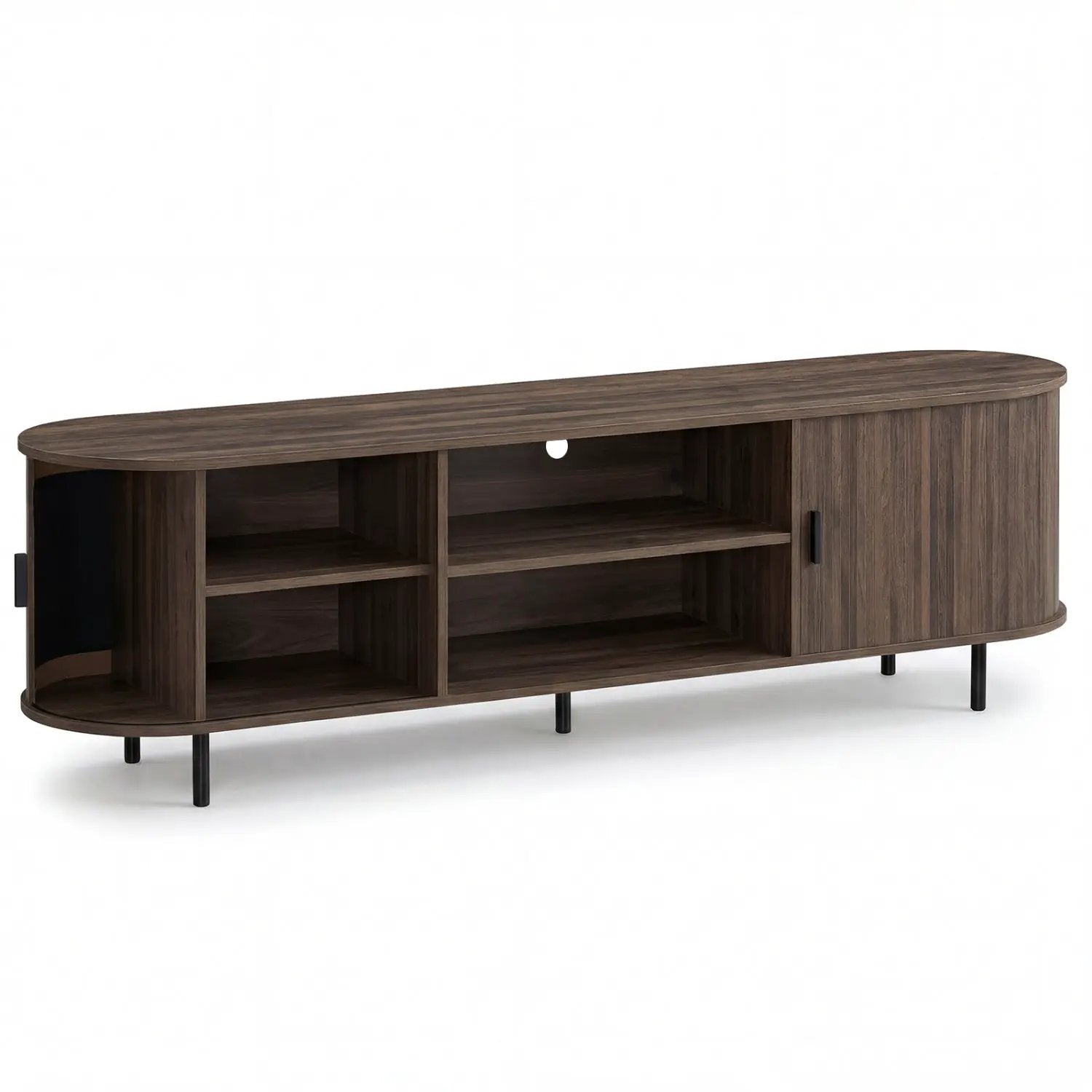 DirectDeals TV stand for 80 inch TVs in dark walnut mid-century modern with curved ends on Tampa Home & Garden Store