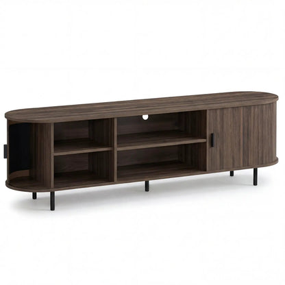 DirectDeals TV stand for 80 inch TVs in dark walnut mid-century modern with curved ends on Tampa Home & Garden Store