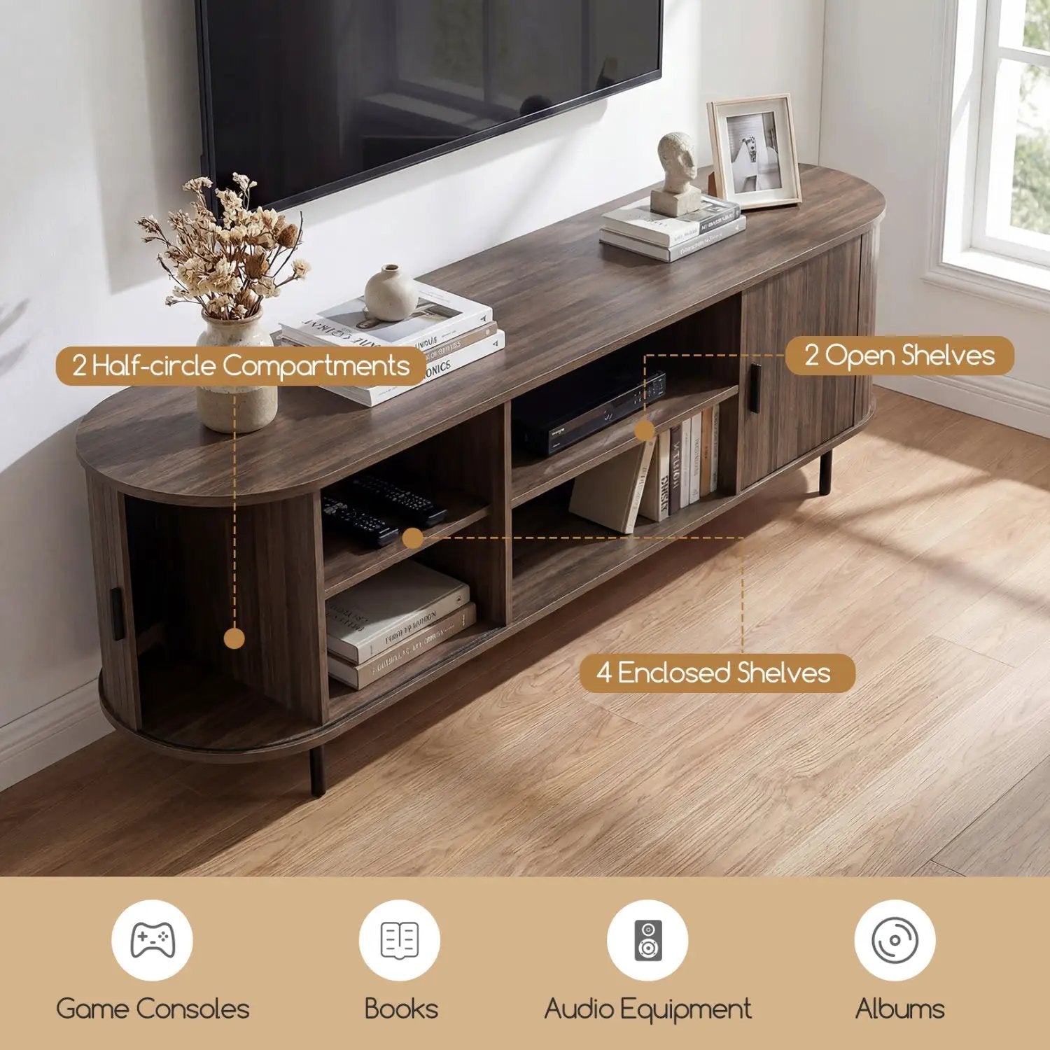 TV Stand for 80-Inch TVs, walnut wood, mid-century modern with 2 end cabinets DirectDeals on Tampa Home & Garden Store