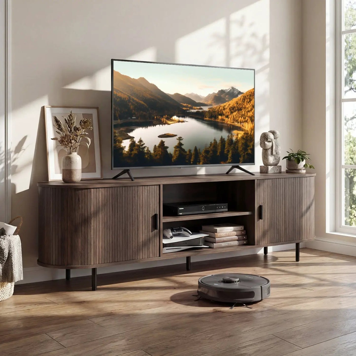 DirectDeals mid-century modern TV stand for 80 inch TVs in dark walnut with fluted sliding doors on Tampa Home & Garden Store