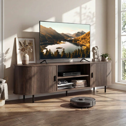DirectDeals mid-century modern TV stand for 80 inch TVs in dark walnut with fluted sliding doors on Tampa Home & Garden Store