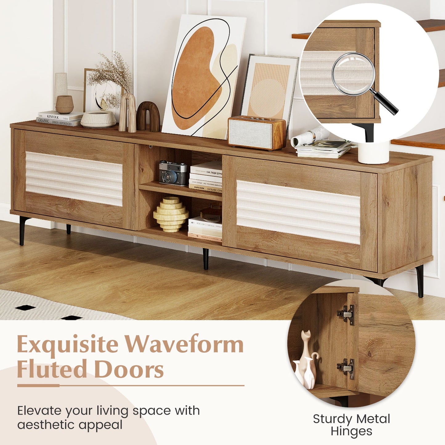 TV Stand for TVs up to 70 Inch Waveform Fluted Entertainment Center-Oak