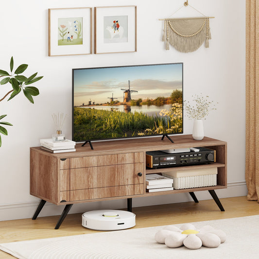 TV Stand for TVs up to 55 Inch Mid Century Modern Entertainment Center with Storage Cabinet-Oak - Tampa Home & Garden Store