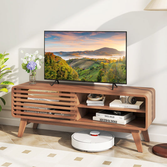 TV Stand for TVs up to 55" with Sliding Door and Adjustable Shelves for Living Room-Brown - Tampa Home & Garden Store