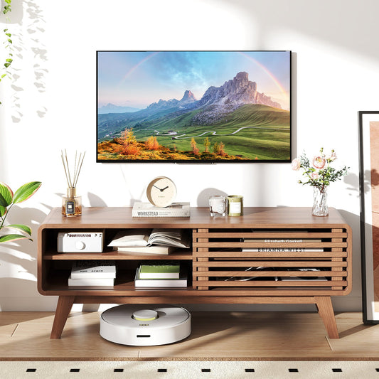 TV Stand for TVs up to 55" with Sliding Door and Adjustable Shelves for Living Room-Brown - Tampa Home & Garden Store