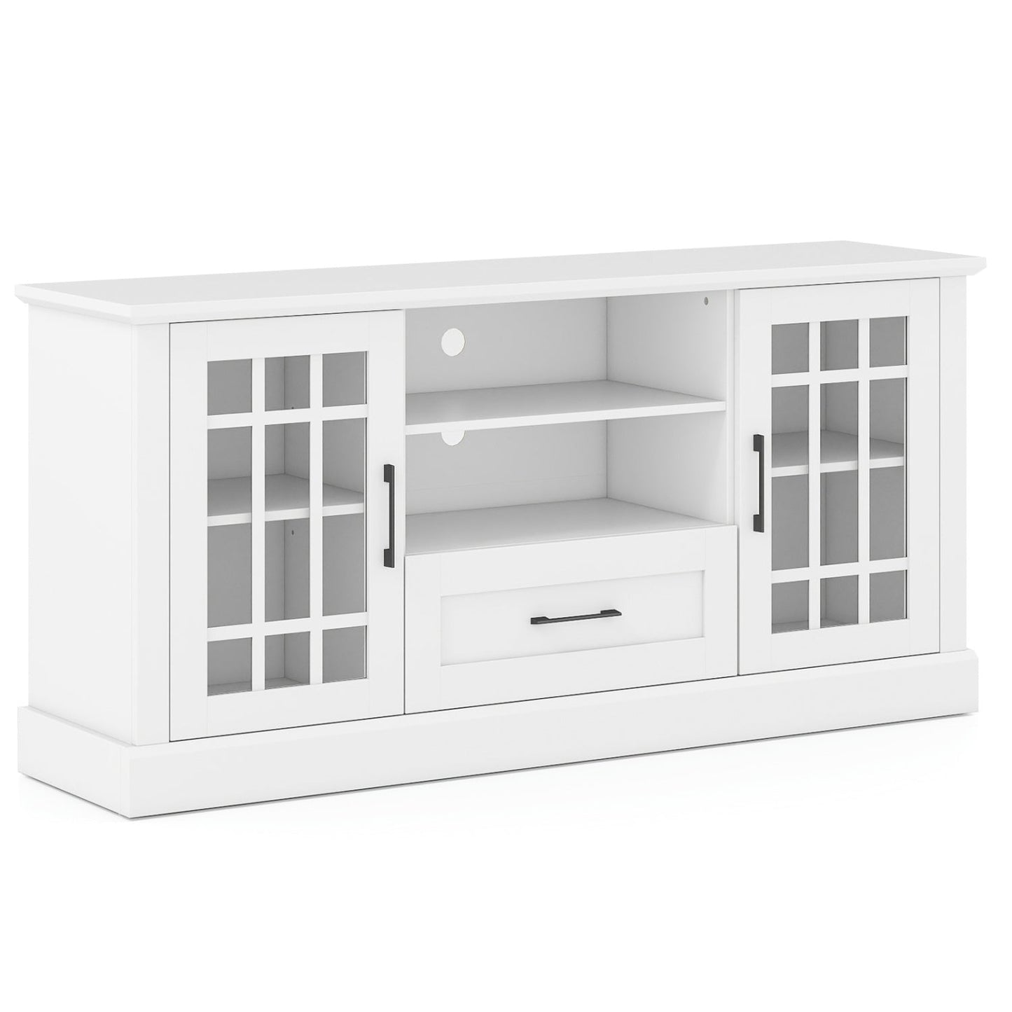 Mueble de TV para televisores de hasta 70 pulgadas con puertas de vidrio, estantes y cajón - Negro