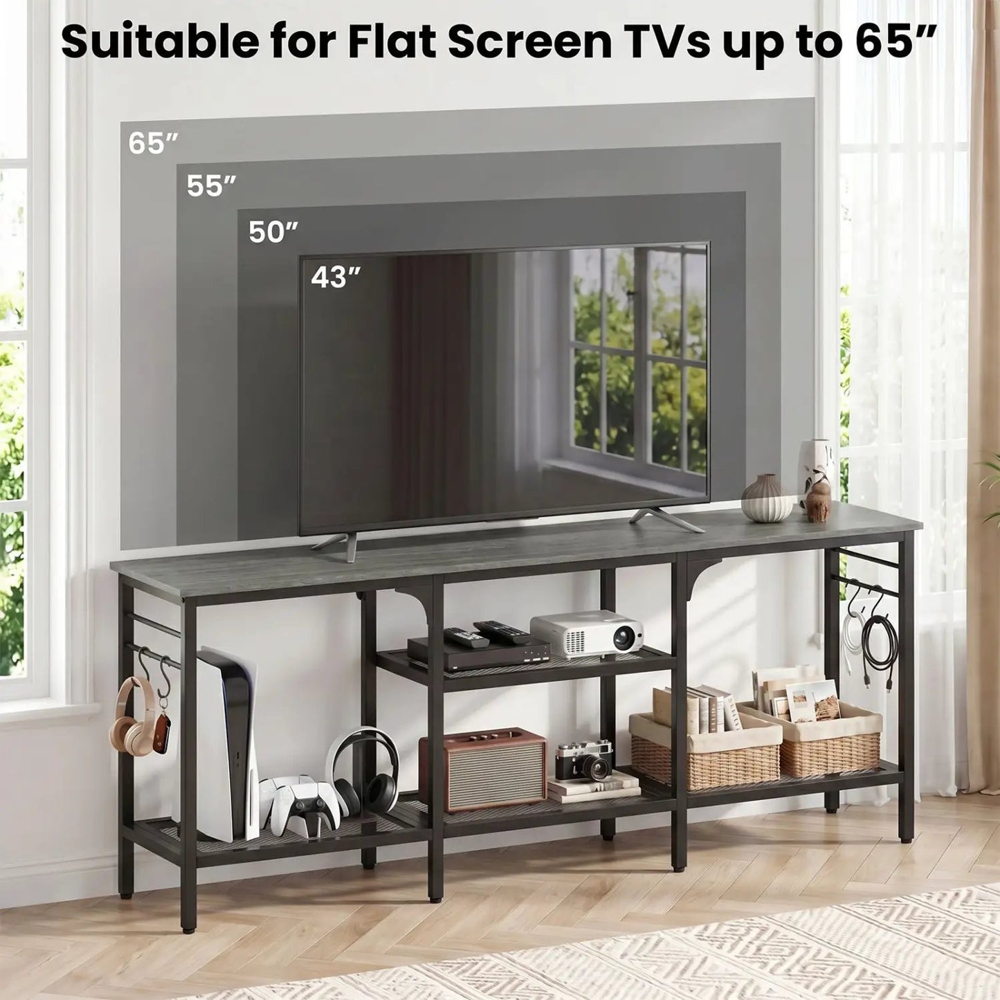 TV Stand for 65-Inch TV With Open 3-Tier Shelves