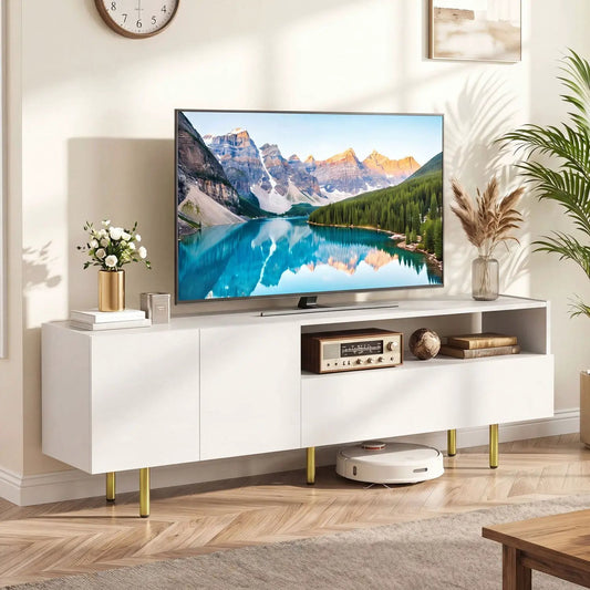 TV Stand for TVs up to 70-inch by DirectDeals with storage cabinet and metal legs, white finish on Tampa Home & Garden Store
