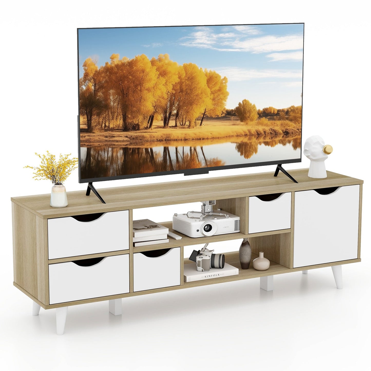 Mueble para TV de hasta 55" con 4 cajones y 2 estantes abiertos - Roble