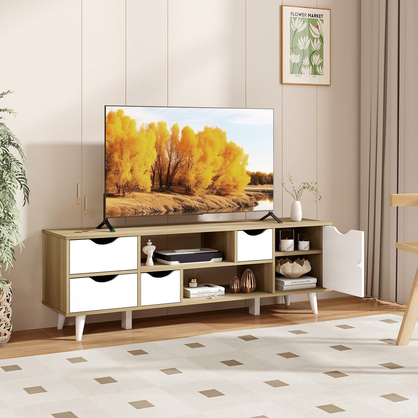 Mueble para TV de hasta 55" con 4 cajones y 2 estantes abiertos - Roble