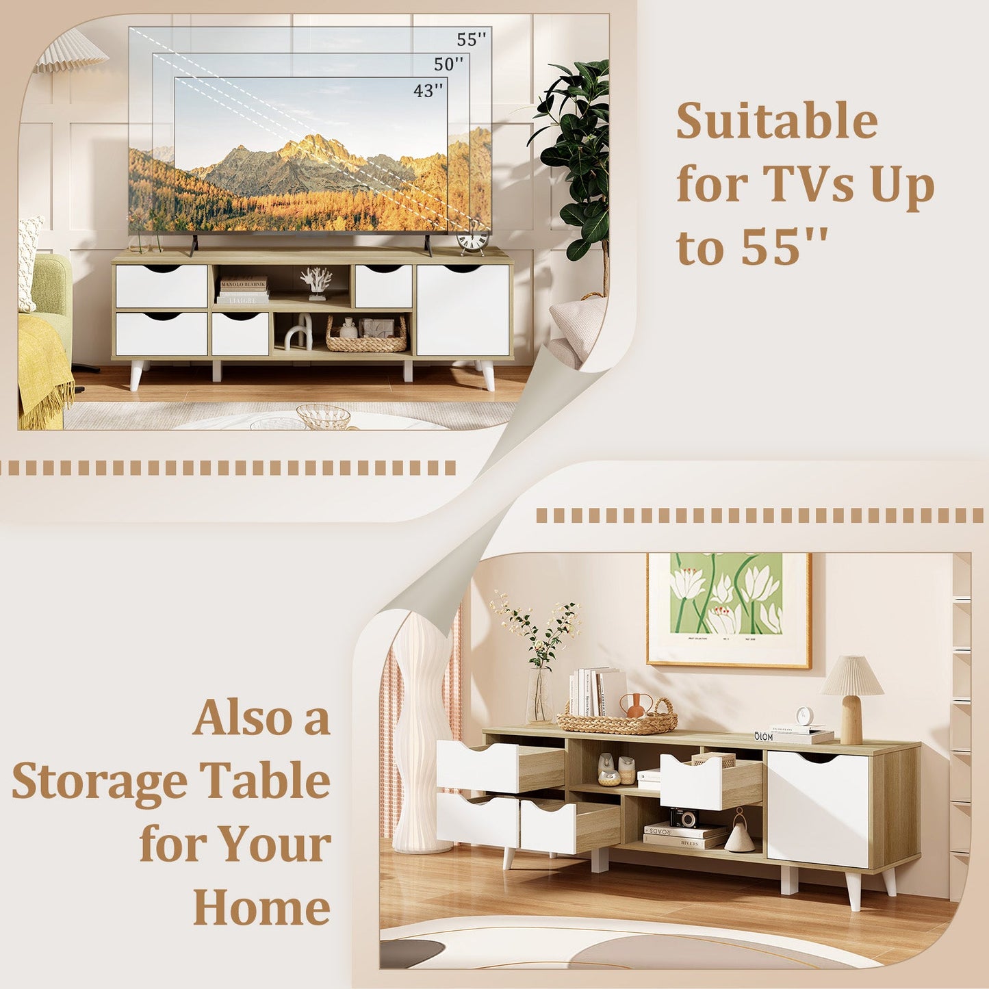 Mueble para TV de hasta 55" con 4 cajones y 2 estantes abiertos - Roble