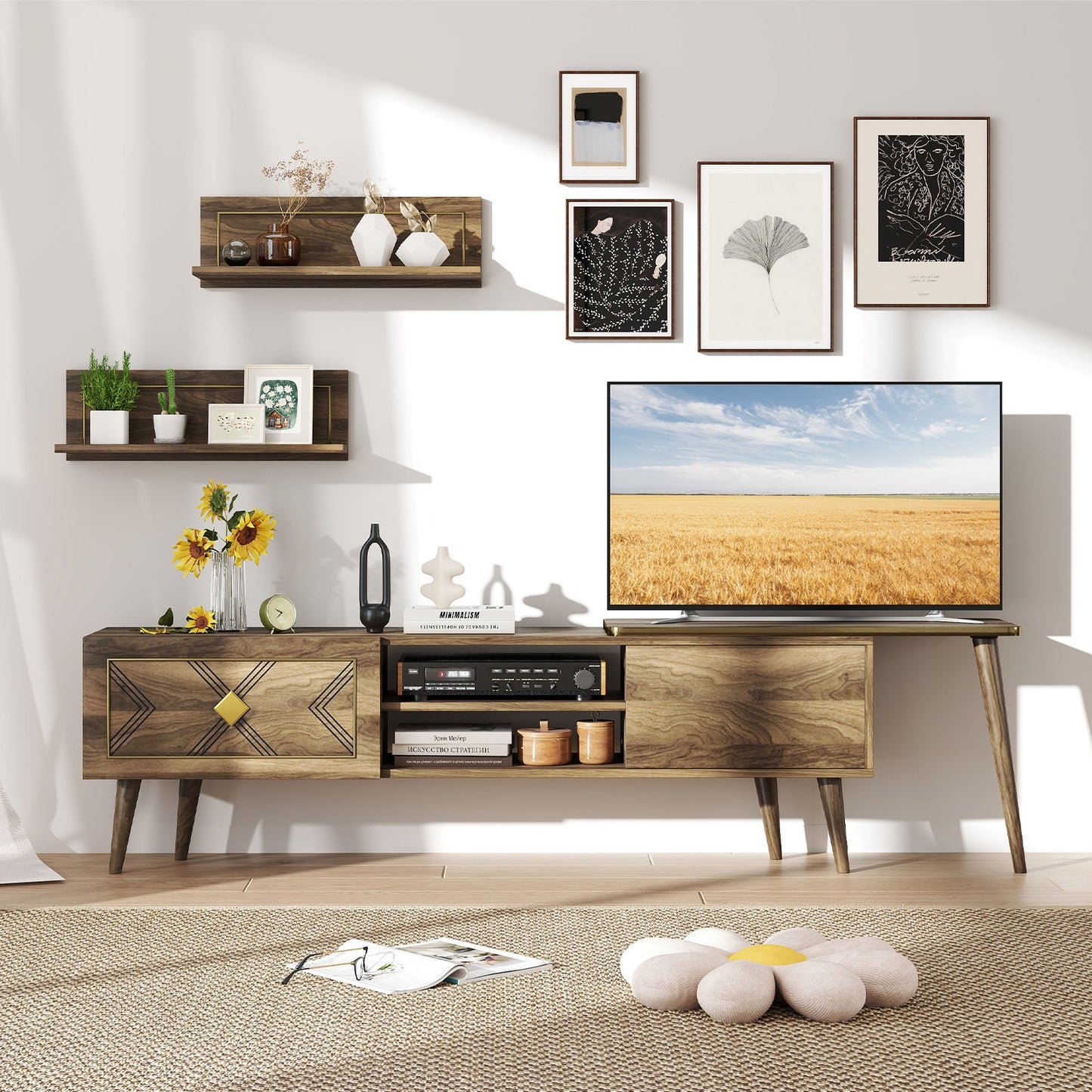 Mid-century Modern TV Stand for TVs up to 85 Inch with Open Compartments-Walnut
