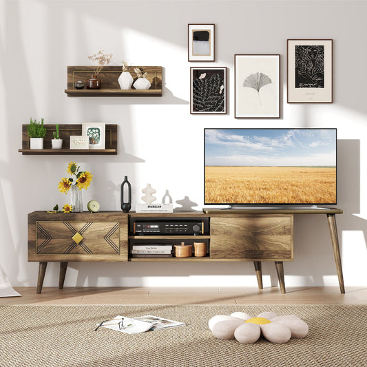 Mueble de TV Moderno de Mediados de Siglo para Televisores de hasta 85 Pulgadas con Compartimentos Abiertos-Nogal
