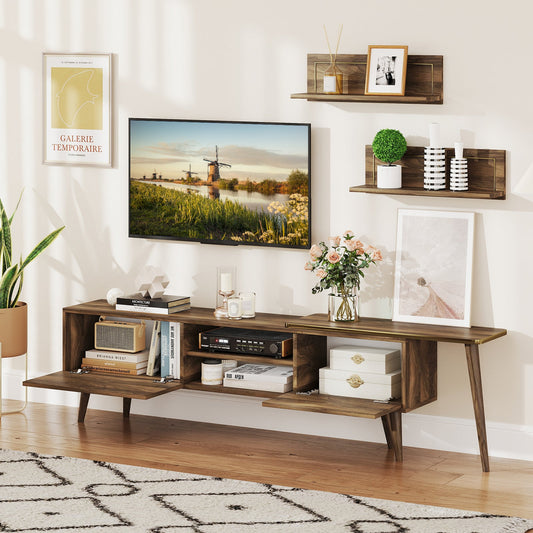 Mueble de TV Moderno de Mediados de Siglo para Televisores de hasta 85 Pulgadas con Compartimentos Abiertos-Nogal